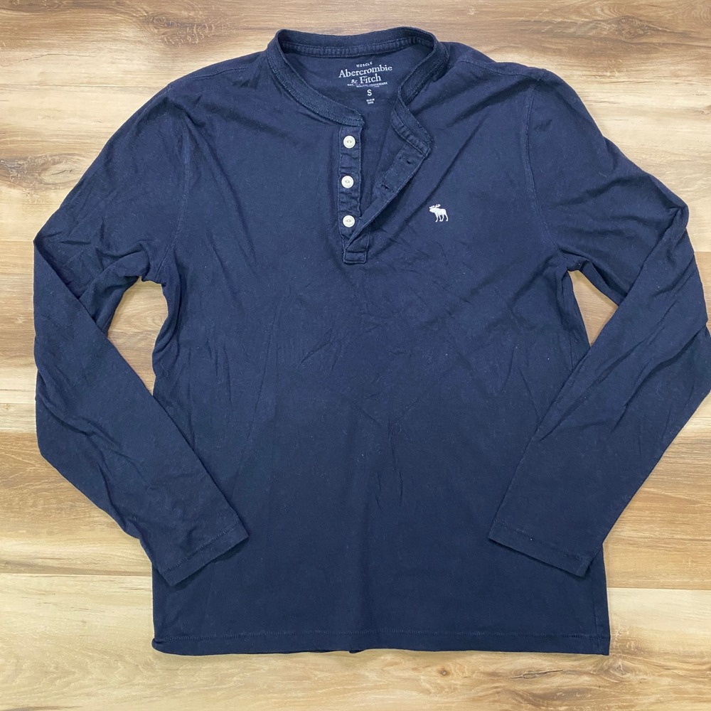 Abercrombie & Fitch Henley Shirt Small Long Sleeve Cotton Blend Muscle Navy Blue